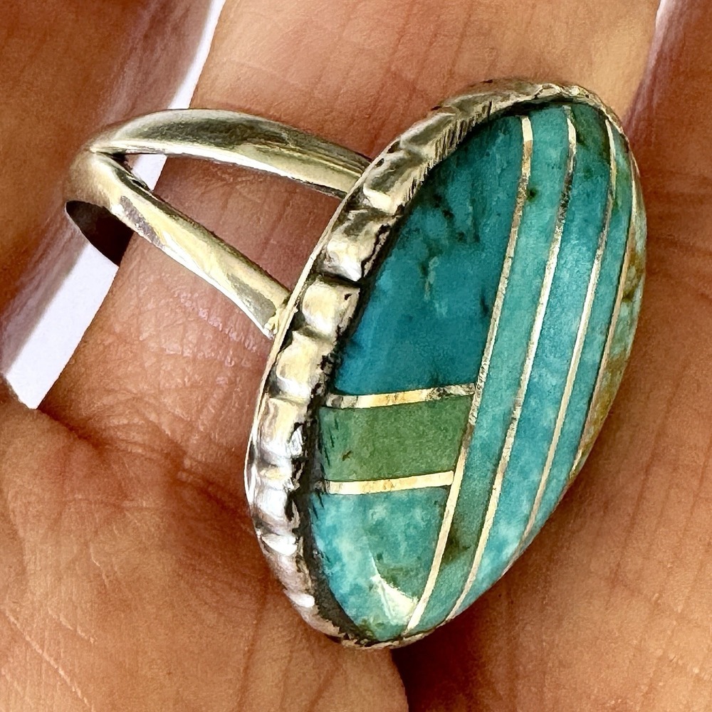 Navajo Ring Sz 11 Mixed Turquoise Inlay Signed D Noble Sterling Native American - Picture 4 of 9
